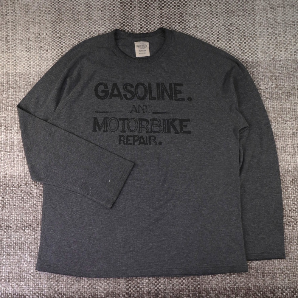 Old Navy Graphic Tee Mens XL Grey Good Gasoline Motorbike Repair Waffle Raglan